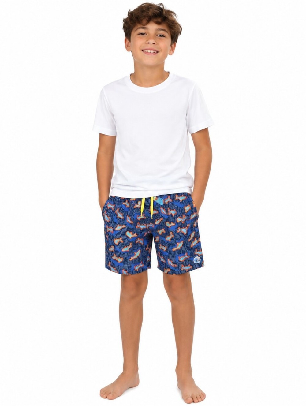 Laguna Boys Size L 14/16 Blue Shark Print Swim Trunks Built-In Mesh Brief